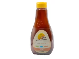 A bottle of Sweet Melao Rubio Natural Sweetener with a yellow cap, isolated on a white background. The label is colorful with text indicating it is a soy-free, gluten-free condiment