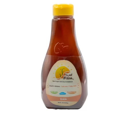 A bottle of Sweet Melao Rubio Natural Sweetener with a yellow cap, isolated on a white background. The label is colorful with text indicating it is a soy-free, gluten-free condiment