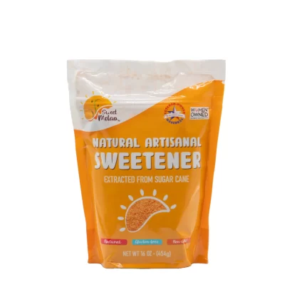 A package of great value natural artisanal vegan honey, extracted from sugar cane, shown against a white background. The packaging is orange and displays product information.