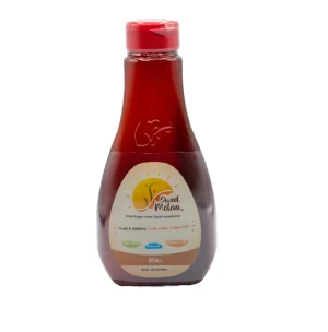 A bottle of Sweet Melao Raw Sweetener. The label shows it's made with 100% sugarcane The bottle is transparent, displaying the red sauce inside.
