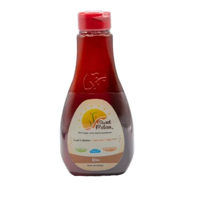 A bottle of Sweet Melao Raw Sweetener. The label shows it's made with 100% sugarcane The bottle is transparent, displaying the red sauce inside.